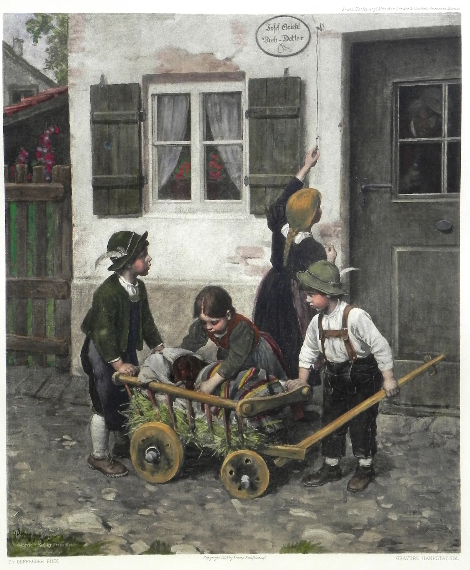 Pintura antigua de niños llevando a un perro enfermo en un carro
